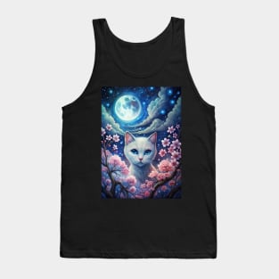 Moonlight Cherry Blossom Japanese White Cat Tank Top